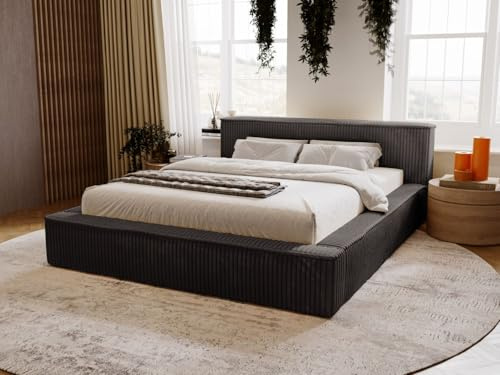 GRAINGOLD Lago Bett 140x200, Polsterbett mit Bettkasten, Polsterbett mit Stauraum, Cord, mit Lattenrost, mit Kopfteil, ohne Matratze (Schwarz, 140x200)