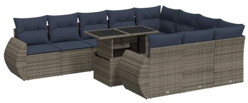 vidaXL 11-Piece Garden Sofa Set with Cushion Grey Poly Rattan Acacia, Outdoor Sofa Set, Garden Sofa Set, Lounge Set, Sofa Set Patio
