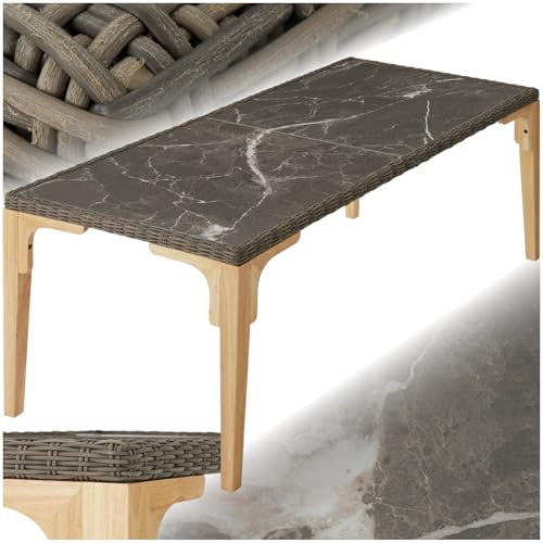 tectake® Alu Rattan Tisch, Esstisch für Outdoor Küche, Terrasse, Wohnzimmer mit Tischplatte in Marmor Optik, Gartentisch, Balkontisch 196 x 87 x 76 cm, 2 abnehmbare Platten, wetterfest - Natur