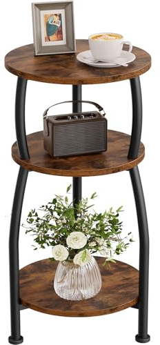 Yuede Round Side Table, 3 Tier Slim Round Coffee Table, Small End Table with Storage Shelf, Bedside Table, for Living Room, Bedroom, Small Space, Metal Frame, Vintage (Brown)