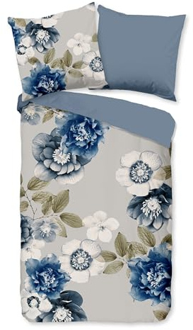 Good Morning Flanell Bettwäsche 135x200 Gabin Blüten Blumen Blätter blau 31076