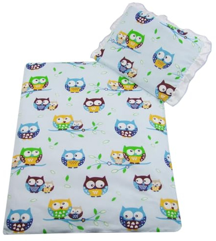 2 tlg. Set Bezug in 70x50 cm für Kinderwagen, Wiege und Stubenwagen Kinderbettwäsche Garnitur Bettwäsche *Deckenbezug + Kissenbezug* (Eule blau/hellblau)