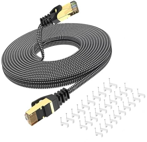 Cat 8 Ethernet Cable 30m, Flat Braided Long High Speed RJ45 LAN Cable, 40Gbps 2000MHz F/FTP Shielded Internet Cable for Whole Home Networking Gaming, PS5, Xbox,Router,PC &Smart TV,with 30 Cable Clips