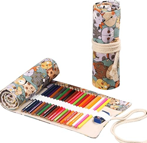 EAVUYIS 1 Stück 72 Löcher Leinwand Stifterolle Roll, Rollmäppchen Leinwand Bleistift Wrap, Stifterolle Rollmäppchen,Stifte Mäppchen Rolle, Waschbar（Katzenmotiv）