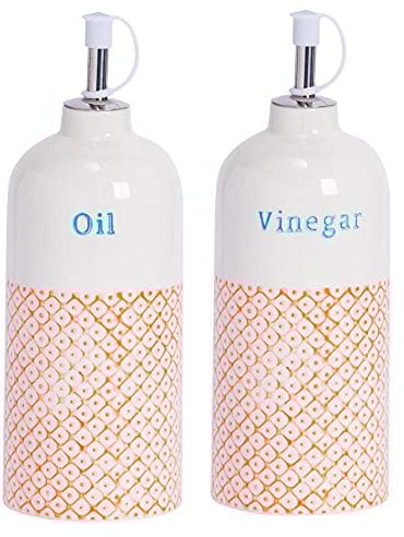 Nicola Spring Olive Oil and Vinegar Bottles - 500ml - 2pc Porcelain Kitchen Hand Printed Orange Olive Oil & Vinegar Dispenser Cruets with Chrome Pourer Spout for Kitchens, Restaurants, Dining