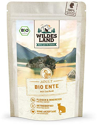 Wildes Land - Nassfutter für Katzen - Nr. 4 Ente PUR - Bio - 12 x 85 g - Aus kontrolliertem biologischen Anbau - Getreidefrei - Extra viel Fleisch
