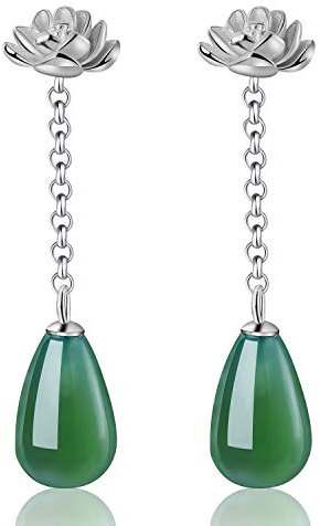 ✦ Geschenke für Frauen ✦Springlight S925 Sterling Silber Natürlicher Achat Lotus Wassertropfen Grüne Ohrringe Silber 925 Hängend Orientalischer Schmuck Damen Personalisierte Geschenke.(Silber)