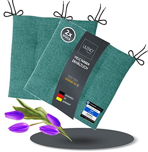 LILENO HOME 2er Set Stuhlkissen Aqua (40x40x4,5 cm) - Sitzkissen für Gartenstuhl, Küche oder Esszimmerstuhl - Bequeme UV-beständige Indoor u. Outdoor Stuhlauflage als Stuhl Kissen
