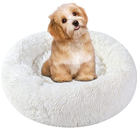 Katzenbett Hundebett Flauschig Waschbar rund Katzenkissen Hundekissen Plüsch Haustierbett Donut Hundekorb Katzenkorb für Katzen und kleine mittelgroßen Hunde (50CM, Weiß)