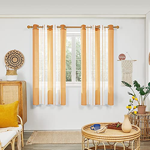 Deconovo Transparente Vorhänge mit Ösen, Stores Gardinen für Wohnzimmer, Voile Gardinen in Leinenoptik Nadelstreifen, 183x140 cm(HöhexBreite), Gold, 2er Set