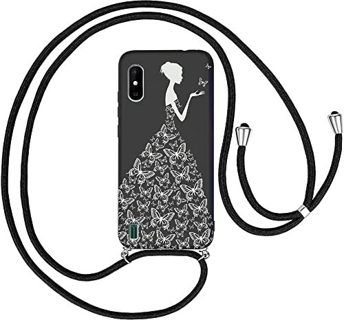 JMTALL für Wiko Y81 Handykette Hülle Silikon Necklace Handyhülle mit Kordel Umhängeband Tasche Schwarz Band Case Kette TPU Bumper Schutzhülle Schmetterling Mädchen