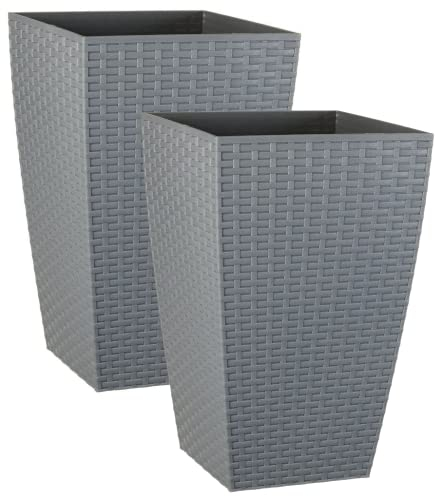 Muddy Hands Grey Rattan Large Plant Pot Indoor Home Outdoor Garden Tall Square Plastic Flower Tree Planter (Pack of 2-45 Litre)