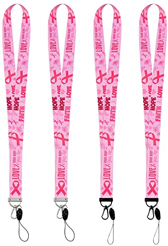 WANDIC Rosa Brustkrebs-Aufklärungs-Lanyards, 4 Stück, Weiches Und Seidiges Rosa Band, Umhängeband, Abnehmbare Schnalle, Für Schlüsselanhänger, Ausweishalter