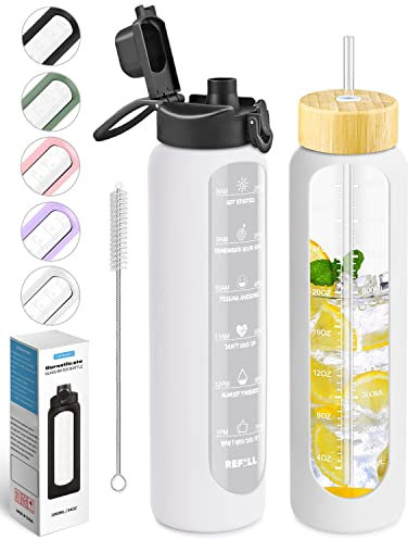 Nefeeko 32 oz Glass Water Bottles with Straw, Motivational Glass Water Bottle with Time Marker, 1 Liter BPA FREE Leakproof Reusable Glass Water Bottle with Silicone Sleeve, Bamboo Lid, Spout Lid