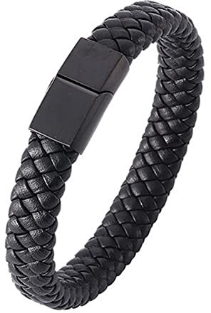 Whoiy Herren Armband Schwarz, Männer Armband XXL Leder Geflochtenes Lederarmband Korbgeflecht für Männer 18.5cm