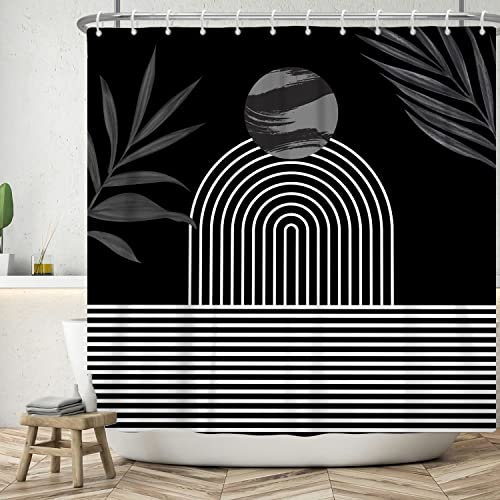ASDCXZ Tenda Doccia Nero 180x200 cm, Boho Art Abstract Lines Foglia Impermeabile Bagno Tende da Doccia Lavabile Poliestere Tessuto Campeggio Tenda Doccia per Vasca da bagno con 12 Tende Doccia Gancio
