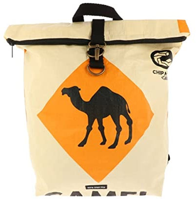 More Than Hip - Rolltop Rucksack aus recycelten Zementsäcken – Wasserbeständig, leicht & geräumig (17,4 L) – Nachhaltig & Fair produziert - Tantor Kamel-27 x 42/50 x 14 cm