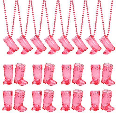 YAXINRUI 24 Pcs Cowgirl Boot Shot Glasses on Beaded Necklace Plastic Shot Glasses Cups Necklaces for Bachelorette Birthday Wedding Party Team Groom and Bride Supplies (Transparent Rose)