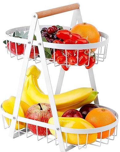 YAKLEE 2-Stöckige Etagere, Weiß Abnehmbar Obstkorb Brotkorb, Metall Küche Gemüse Schüssel, Obsthalter Regal für Gemüse Brot Snacks Küche Lager