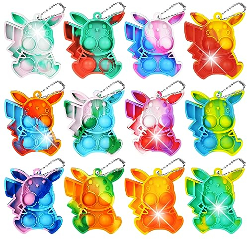 Ainiv 12PCS Mini Pop Push It Fidget Jouet Porte-clés, Dessin Animé Silicone Squeeze Pop Bubble Fidget Bulk Jouets Sensoriels, Poppet Bubble Stress Soulagement Anxiété Jouets pour Autisme, Enfants