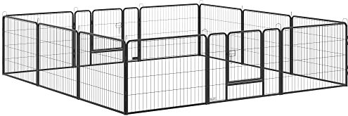 PawHut Welpenauslauf 60 cm Hoch, 12-TLG Welpenlaufstall mit 2 Tür, DIY Hundelaufstall Freilaufgehege Welpenfreigehege Hundezaun für mittelgroße Hunde, Kaninchen, Meerschweinchen, Stahl, Grau