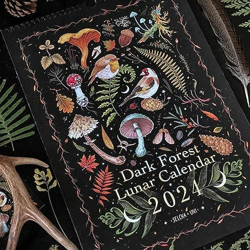 Dunkler Mondkalender 2024 – Tierkalender Kunst Monatlicher Mondkalender – Dunkler Kalender mit 12 Original-Illustrationen – Bunte Wassertinte Wandkalender Tiere Kalender für Zuhause