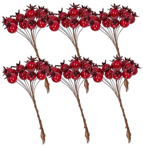 MIJOMA Set von 6 Bündeln Künstlicher Beeren – Exquisite Weihnachtsdekoration, Ideal als Weihnachtsschmuck, Tischdekoration, Hochwertige Deko Beeren (Dunkelrot)
