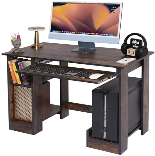Blisswood Home Office Desk, Computer Desk With Shelves & Sliding Keyboard Tray PC Laptop Table For Writing Workstation Bedroom Study Furniture (Rustic, 90 x 55 x 72CM)