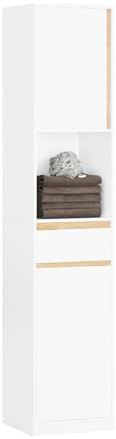 SoBuy Badezimmerschrank Schmaler Bad Hochschrank mit 1 Schublade, 1 offenem Regal und 2 Türen –platzsparender Aufbewahrungsschrank für Badezimmer, Gäste-WC oder Waschküche Weiß 35x33x170 cm BZR80-W