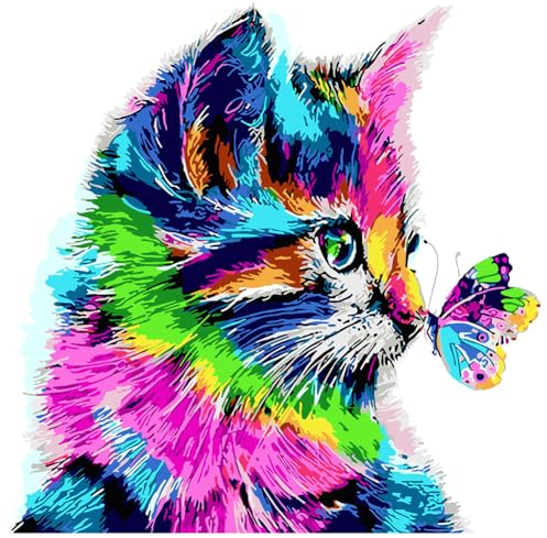 OSDUE Peinture par Numéros pour Adulte, Peinture par Numero pour Enfant et Adulte, Chat et Papillon (sans Cadre)-DIY Peinture Acrylique Débutants Facile sur Toile Peintures et Pinceaux-40x40cm