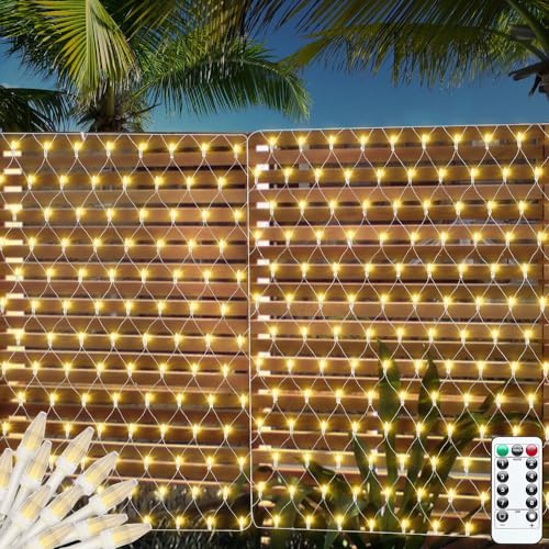 Apatner Net Light Outdoor for Bushes,5FTx5FT 100LED Mesh Net Lights Battery Operated,Garden Nets String Light Connectable Waterproof with Remote Timer for Tree Garden Decor,Warm White
