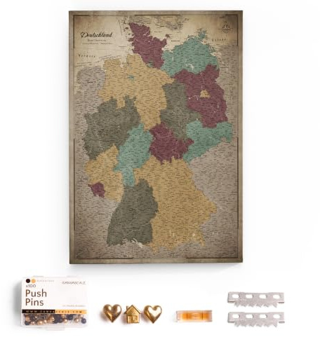 CANVASCALE Canvas Deutschlandkarte mit Pinnwand Kork zum Pinnen der Reiseziele - Wanddeko für Jeden Raum - Hochwertige Leinwand Bilder mit Deutschlandkarte (70x50 cm, Muster 12)