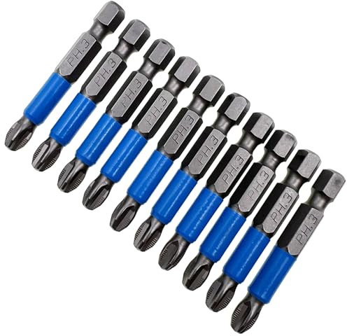 XMHF Lot de 10 embouts de tournevis cruciformes PH3 antidérapants à tige hexagonale de 6,35 mm de long en acier S2 avec pointe magnétique pour tournevis électrique, perceuse, visseuse à percussion