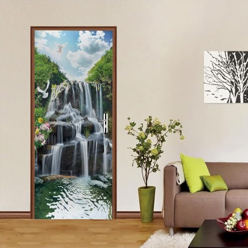 Poster De Porte 3D Cascade Forestière Autocollants De Porte Papier Peint De Porte Art Mural De Porte Autocollants Muraux De Porte Photo De Porte 80 X 200 Cm / 31 X 78,7 Pouces Pour Salon Chambre Salle