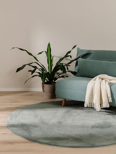 benuta Basic Kunstfaser Fellteppich Furry - Grün Rund 200 cm - Weicher Wohnzimmerteppich - Anti-Rutsch-Rückseite - Waschbar - Für Fußbodenheizung geeignet