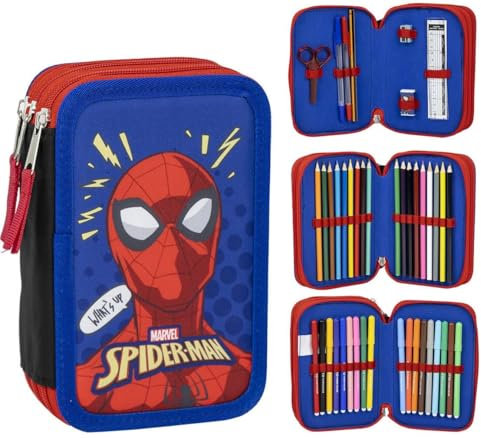 Estuche de 3 Compartimentos de Spiderman - Color Azul - 12,5x6,5x19,5 cm - Fabricado con 100% Poliéster - Cierre de Cremallera - Incluye Accesorios - Producto Original Diseñado en España