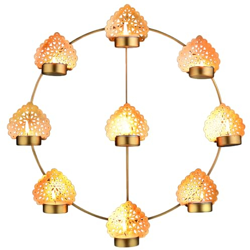 Marrakesch Orientalische Deko Wandkerzenhalter aus Metall in Gold 40 cm groß | Boho Wanddeko Bohos 3 als Spirituelle Deko im Wohnzimmer | Moderne Teelichthalter für 7 Teelichter als Balkondeko