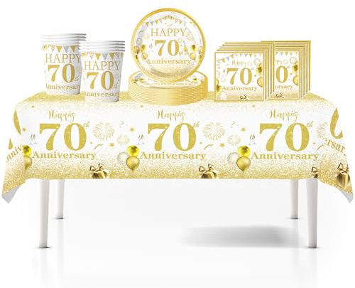 41Pcs White Gold Happy 70th Birthday Party Tableware Plastic Table Cloth,7inch Paper Plates,Cups,Napkins for Man Women Birthday Table Decorations Disposable Party Tableware Set for 70th Birthday Party