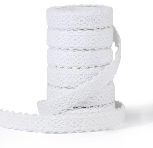 6 Rollen 10,9 m selbstklebend Spitzenband Baumwolle Stoff Spitze Vintage Zierband für Handwerk Hochzeit Geburtstag Dekoration DIY Basteln Scrapbooking Deko Spitzenborte Dekoband Bordüre (Weiß)