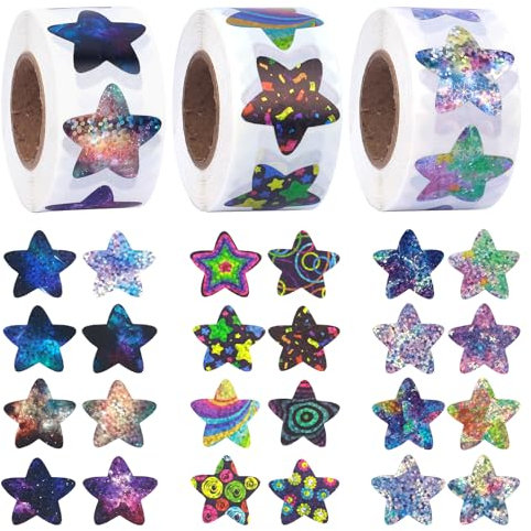 1500 Stück Selbstklebend Stern Aufkleber, Bunt Belohnung Sternaufkleber für Kinder, Selbstklebend Bunt Sterne Dekorative Aufkleber, Sterne Aufkleber Rolle für Kinder Bastelaktivitäten (Stern) (Stern)