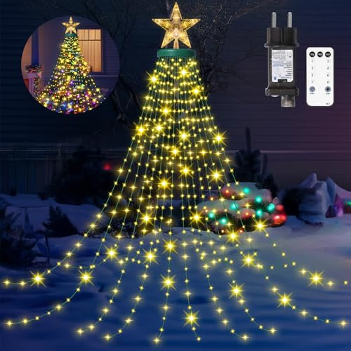 HELESIN Weihnachtsbaum Lichterkette mit Ring, Stern und 16 Girlanden, 410er LED 8 Modi Wasserdicht weihnachtsbaumbeleuchtung für 150cm bis 250cm Tannenbaum, Weihnachtsbaum Deko Innen Aussen Warmweiß