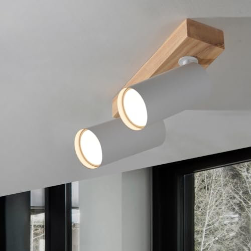 Lámpara de Techo 2 Llamas Madera,Foco Giratorio Vintage Foco de Techo Blanco y Metal, Giratorio Gu10 Spot Lámpara de Techo Moderna Para Salón,Cocina,Habitaciones Pequeñas,Pasillo, Galería,Bar,Tiendas