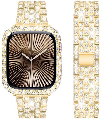 DEALELE Starp and Case Compatible with Apple Watch Series 10 46mm, Bling Rhinestone Diamond Metal Bracelet with Protective Case Cover Replacement for iWatch 10 46mm Women Men (46mm, Gold)