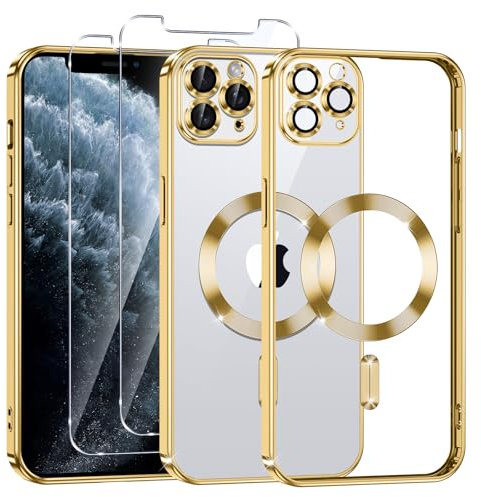 Phoona Cover Placcatura per iPhone 11 Pro 5,8 Pollici, Obiettivo per Fotocamera Protezione Completa e 2 × vetro temperato, Compatibile con MagSafe Ricarica Wireless, Protezione Militare, Oro