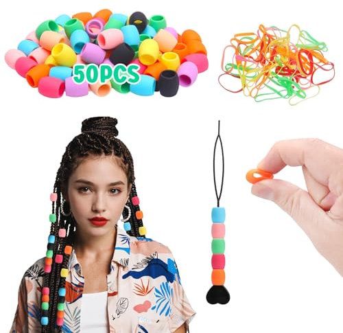 SEVENKA Lot de 50 perles de cheveux en silicone pour filles, 9 x 15 mm, perles de cheveux colorées en silicone souple pour tresses, 2 perleurs rapides en plastique pour tresses de cheveux, 50