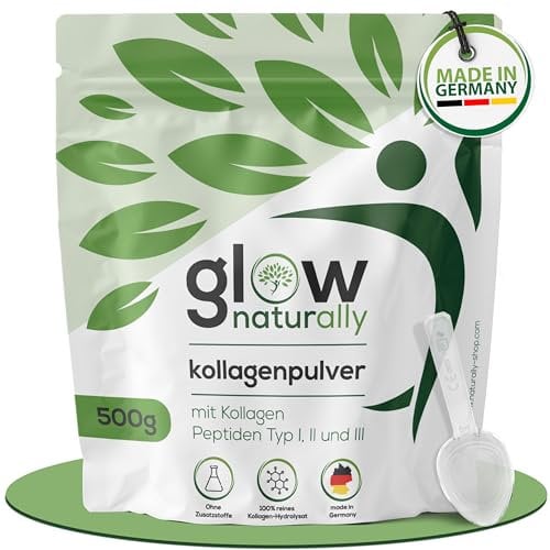 naturally glow Kollagen Pulver - [500g] enthält Kollagen Peptide Typ I, II und III, Premium Collagen Pulver Hydrolysat, sehr gut lösliches Kollagenpulver, hochdosiert, laborgeprüft