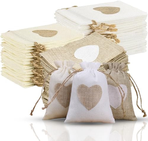 Jutesäckchen, 30 Stück Sackleinen Taschen 10 x 14 cm Herz Jute Beutel mit Kordelzug, Kleine Säckchen Zum Befüllen, Baumwolle Kleine Beutel für Schmuck DIY Handwerk Hochzeit Party Weihnachte