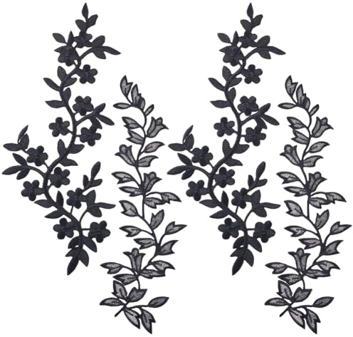 PH PandaHall 4 Stück Stickerei Aufnäher 2 Stile Blumen Und Blatt Patches Stickerei Applikation Dekorative Patches Bestickter Patch Zum Aufnähen Für Die Reparatur von Kleiderdekorationen, Schwarz