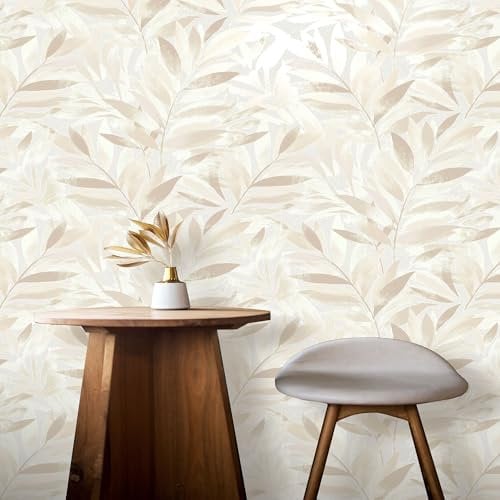 SOPHIE LAURENCE Rasch Elegant Homes Fiji Leaf Wallpaper, Contemporary Nature Inspired Design with Metallic Detailing, Neutral, 10m Roll Ideal for Bedroom and Living Room Decor