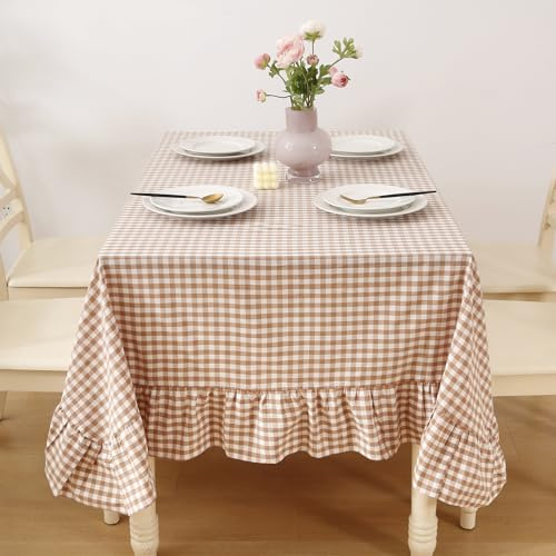 K MASANIJI Tischdecke mit Rüschen, rechteckig, für Sitzplätze von 8 bis 10 cm, 100% Gewaschene Baumwolle, Buffet, Cottage, Kokette, Karo, Vintage, dekorative Tischdecke, 308 x 152 cm, Taupe/Weiß